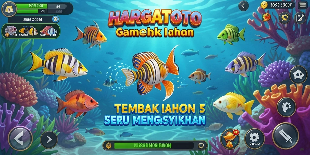 Tangkapan layar gameplay HARGATOTO dengan berbagai ikan berwarna-warni.